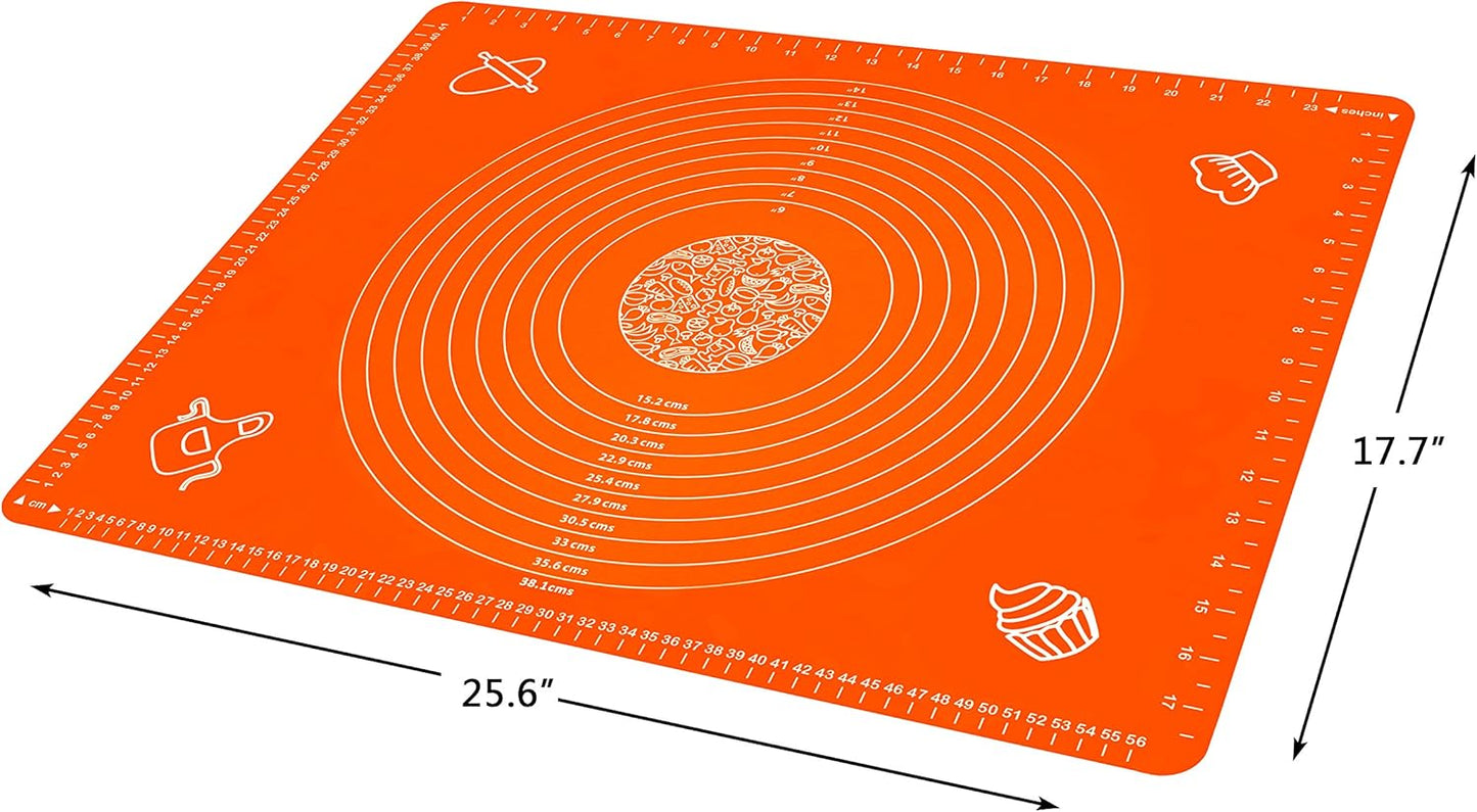 Silicone Baking Mat for Rolling Pastry Dough with Measurements, 25.6 x 17.7 BPA Free Non stick and Non Slip Orange Table Sheet Baking Supplies for Bake Pizza Cake