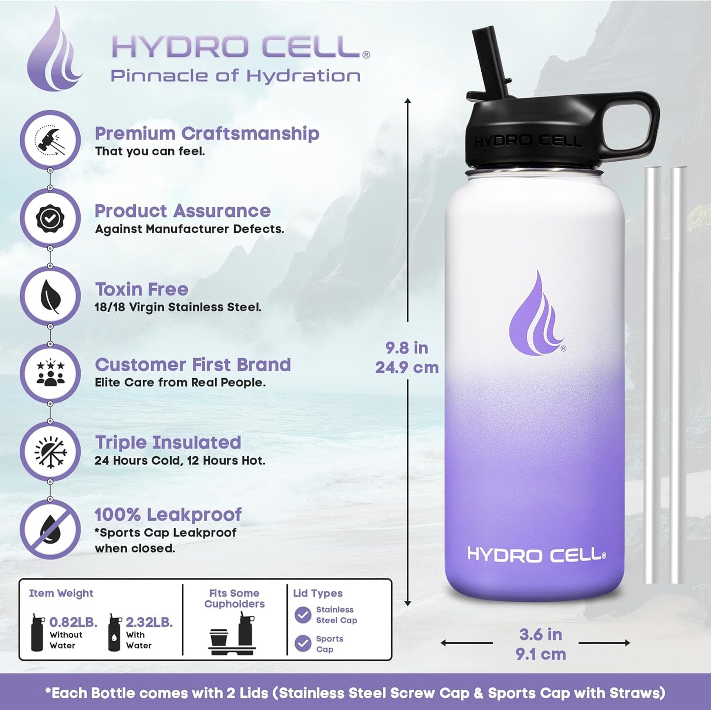 HYDRO CELL Stainless Steel Insulated Water Bottle with Straw - For Cold & Hot Drinks - Metal Vacuum Flask with Screw Cap and Modern Leakproof Sport Thermos for Adults (Lavender/White 32oz)