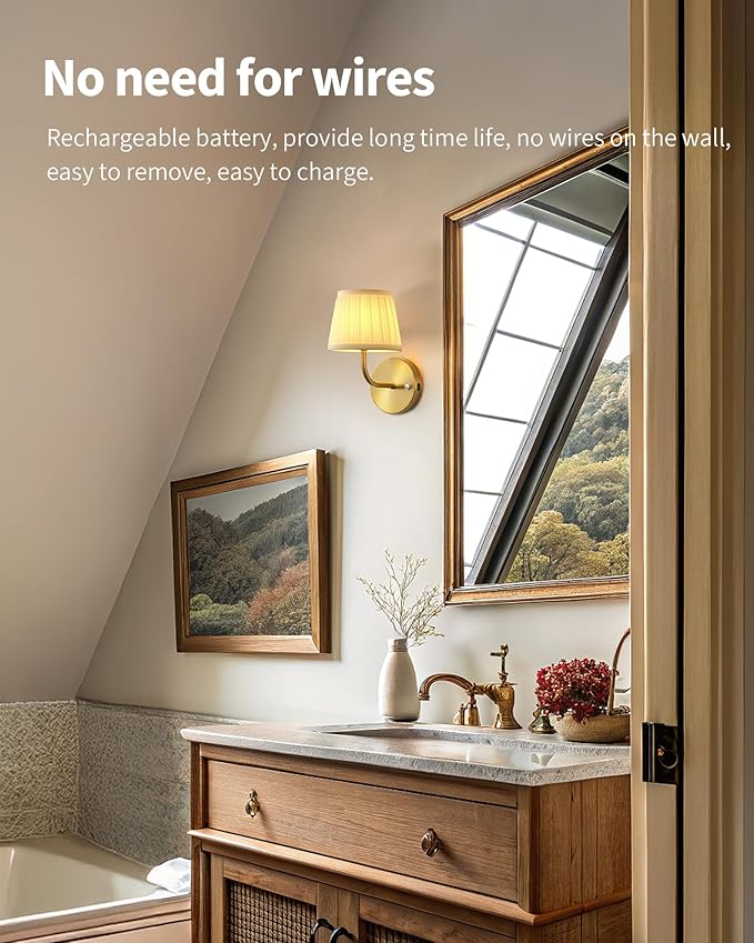 PUSU LED Cordless Gold H9.6 inch Small Wall Sconces Set of 2, Rechargeable - Image 3