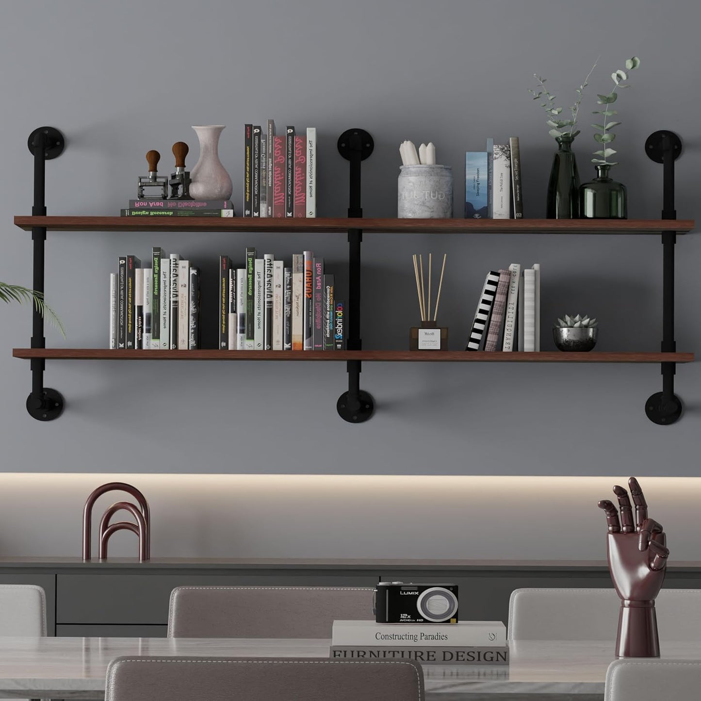 Industrial Pipe Wall Shelves Pipe Shelving with Real Wood Plank ,60 Inches Floating Shelves for Wall Farmhouse Pipe Book Shelves Dark Brown 2 Tier for Kitchen,Living Room Decor and Bar Shelving