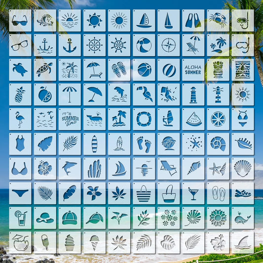 100 Pcs Stencils for Painting on Wood Reusable Stencil Crafts Drawing Templates Holiday Wall Paper for DIY Scrapbook Home 2 x 2 Inch(Hawaiian Style)