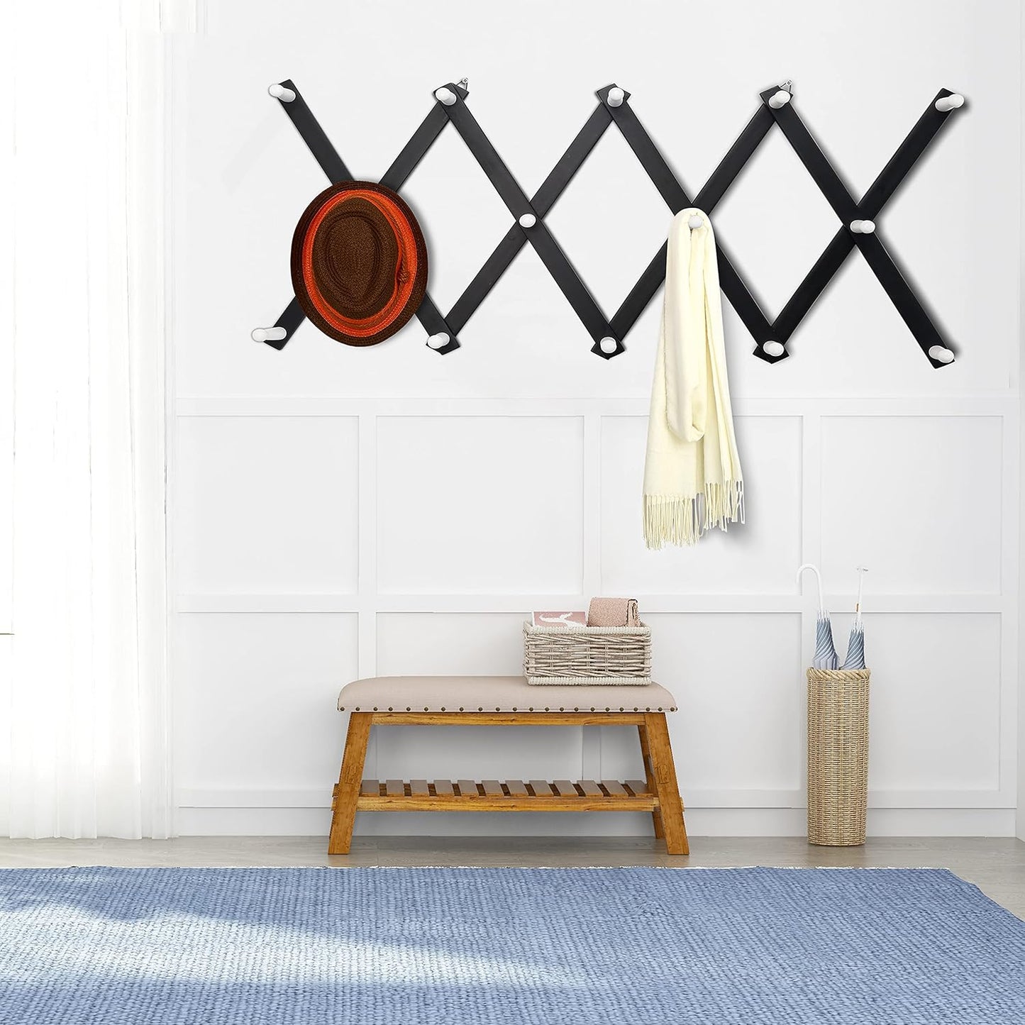 Dseap Accordian Wall Hanger: 16” High Wooden Wall Expandable Coat Rack, Hat Rack Holder, Accordion Hook for Baseball Caps, Coats, Mugs, 14 Peg Hooks, Black & White