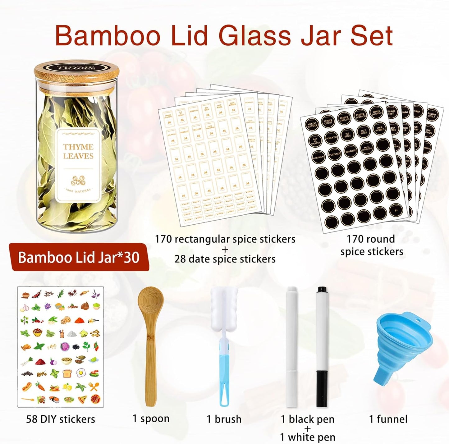 Spice Jars with Labels, 30Pcs 6oz Glass Spice Jars with Bamboo Lids, Minimalist Stackable Airtight Spice Containers with 426 labels for Kitchen Seasoning, Tea, Herbs, Coffee, Sugar,Shells