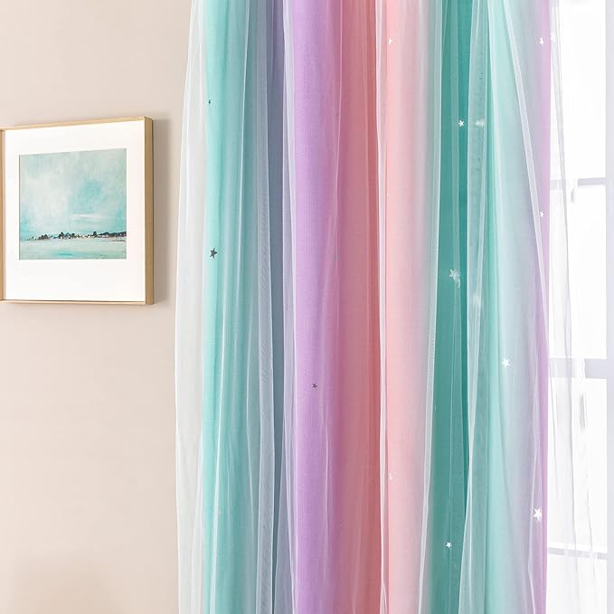 XiDi Curtains for Bedroom Decor, Kids Room Curtains for Girls Rainbow Colour - Image 2