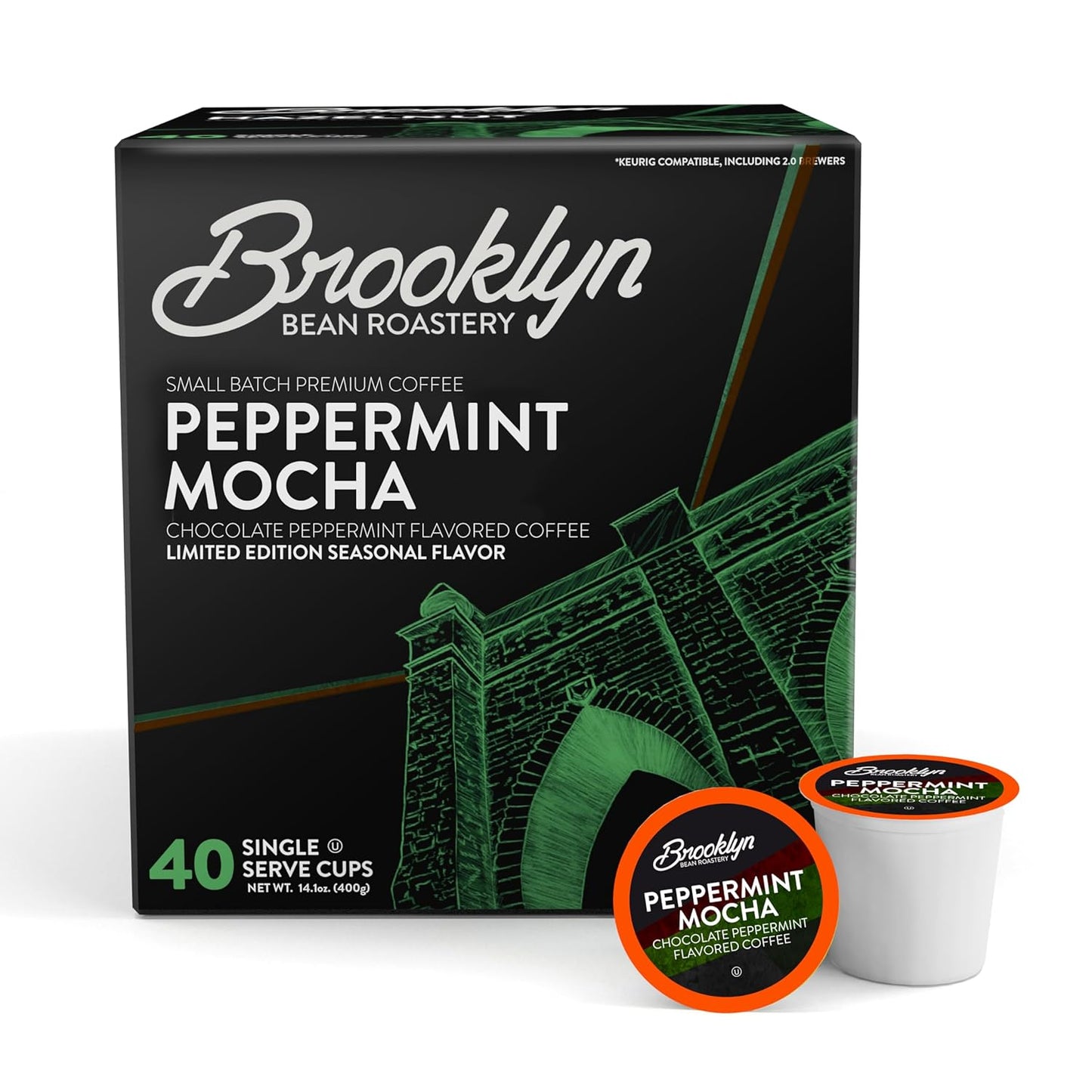 Brooklyn Beans Peppermint Mocha Coffee Pods for Keurig K-Cup Brewers, 40 Count Single-Serve Pods, Flavor Enhanced Minty Chocolate Coffee