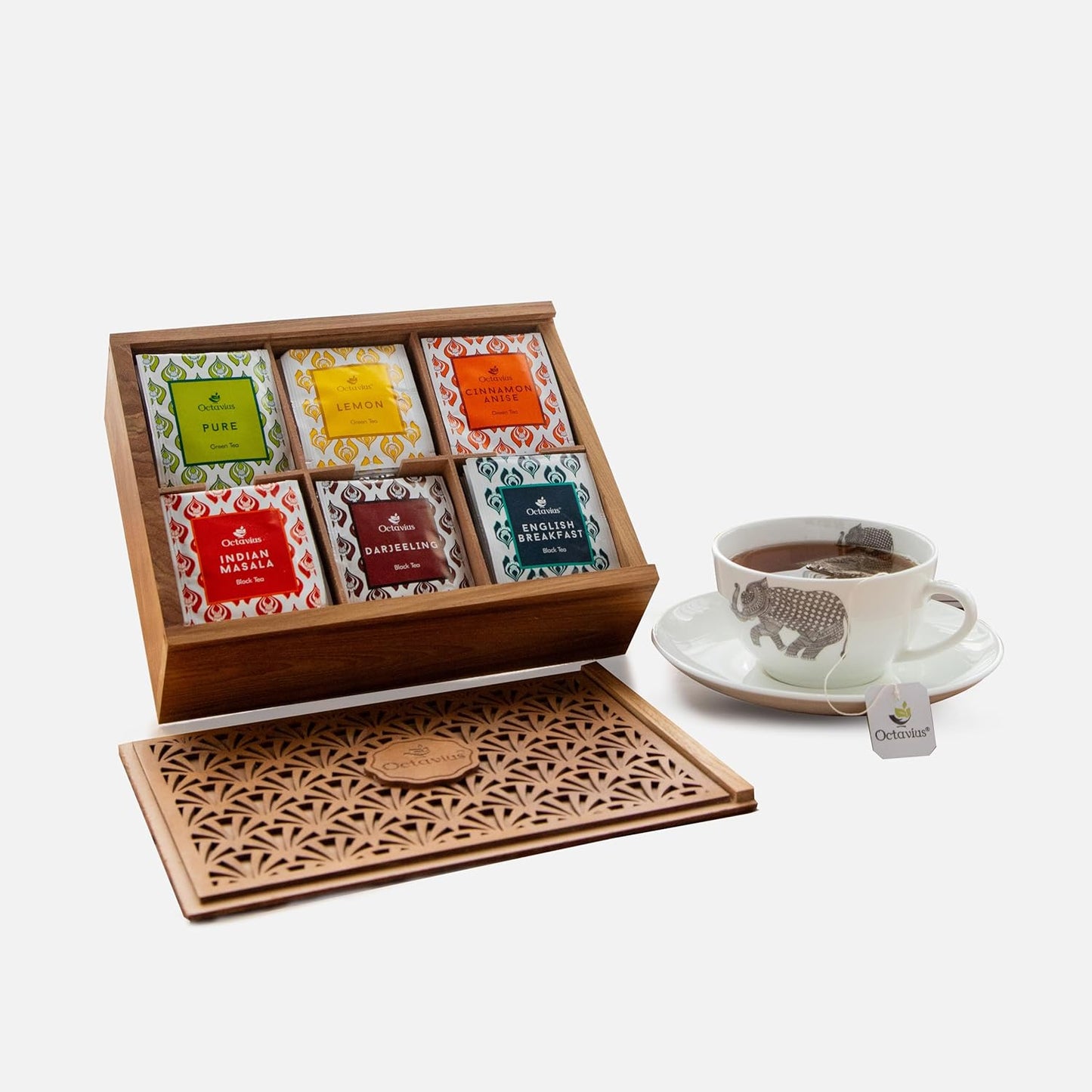 Octavius Tropical Palm Cutwork Wooden Tea Sampler Box | Premium Black & Green Tea Gift Set | 6 Flavors, 90 Tea Bags | Elegant Teas Gift Box for Tea Lovers