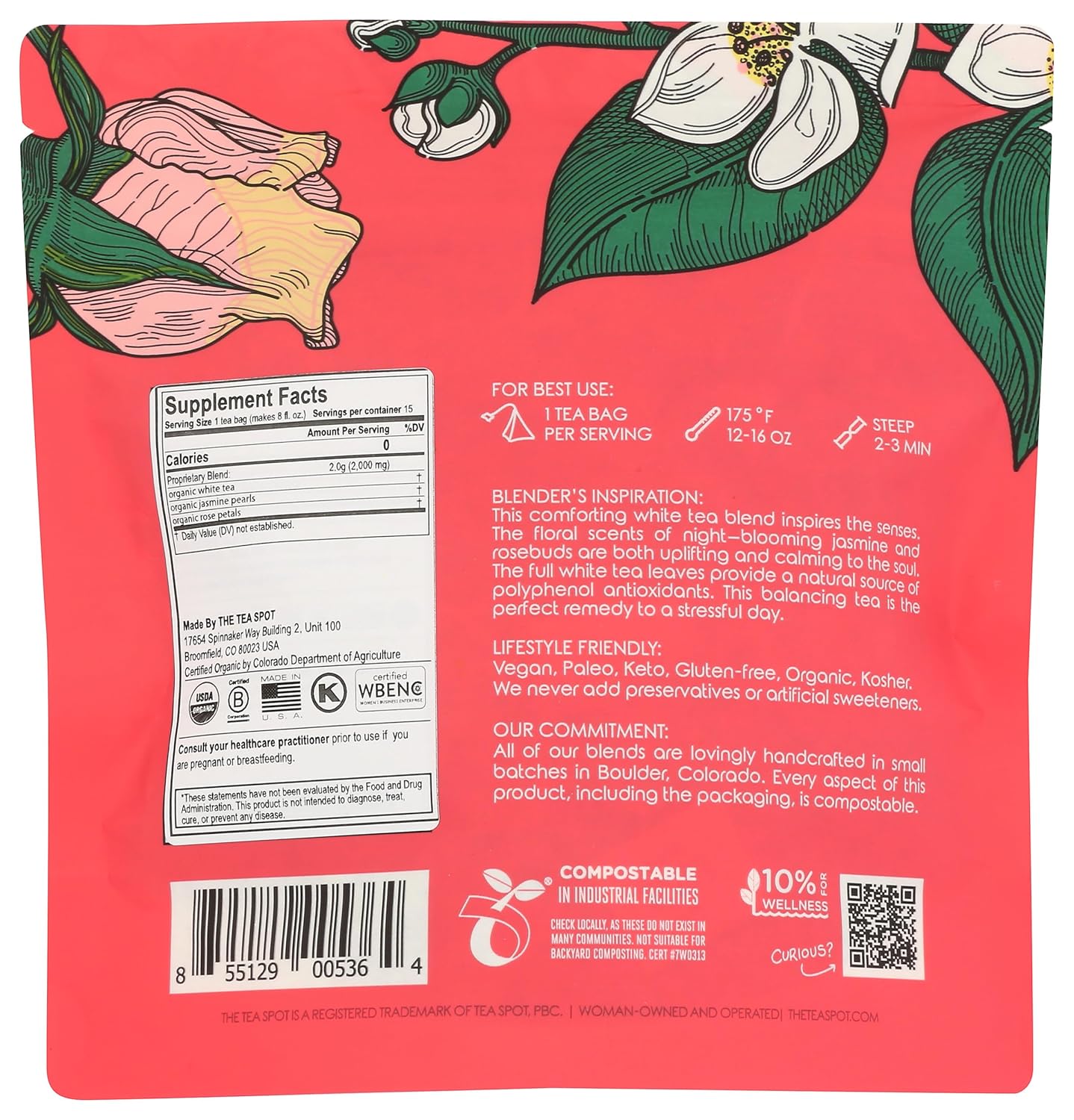 The Tea Spot Organic Meditative Mind Herbal Tea | Blend of White Tea, Jasmine and Rose | Calming & Welness Caffeine Free Elixir |15 tea bags for Gourmet Giftng