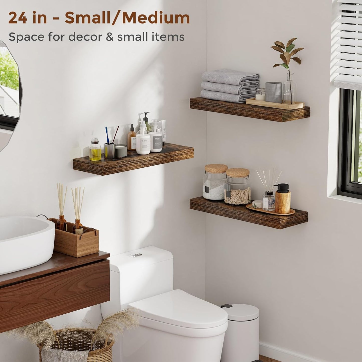 Heimlove 24 Inch Floating Shelves for Wall Rustic Brown Shelves Set of 2,Wall Mounted Rustic Wood 8 Inch Deep Floating Shelf with Invisible Brackets for Bedroom Kitchen Living Room