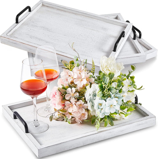 Lallisa 4 Pcs Large Wooden Serving Tray Decorative 15.8 x 11.8 x 1.2 Inch Ottomantray Rustic with Handles Coffee Table Decor Wood Tray Kitchen Platter for Party Tables Breakfast Wedding (White)