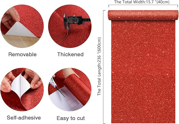CHIHUT 15.7''x236'' Shiny Red Glitter Wallpaper Stick and Peel - Image 9
