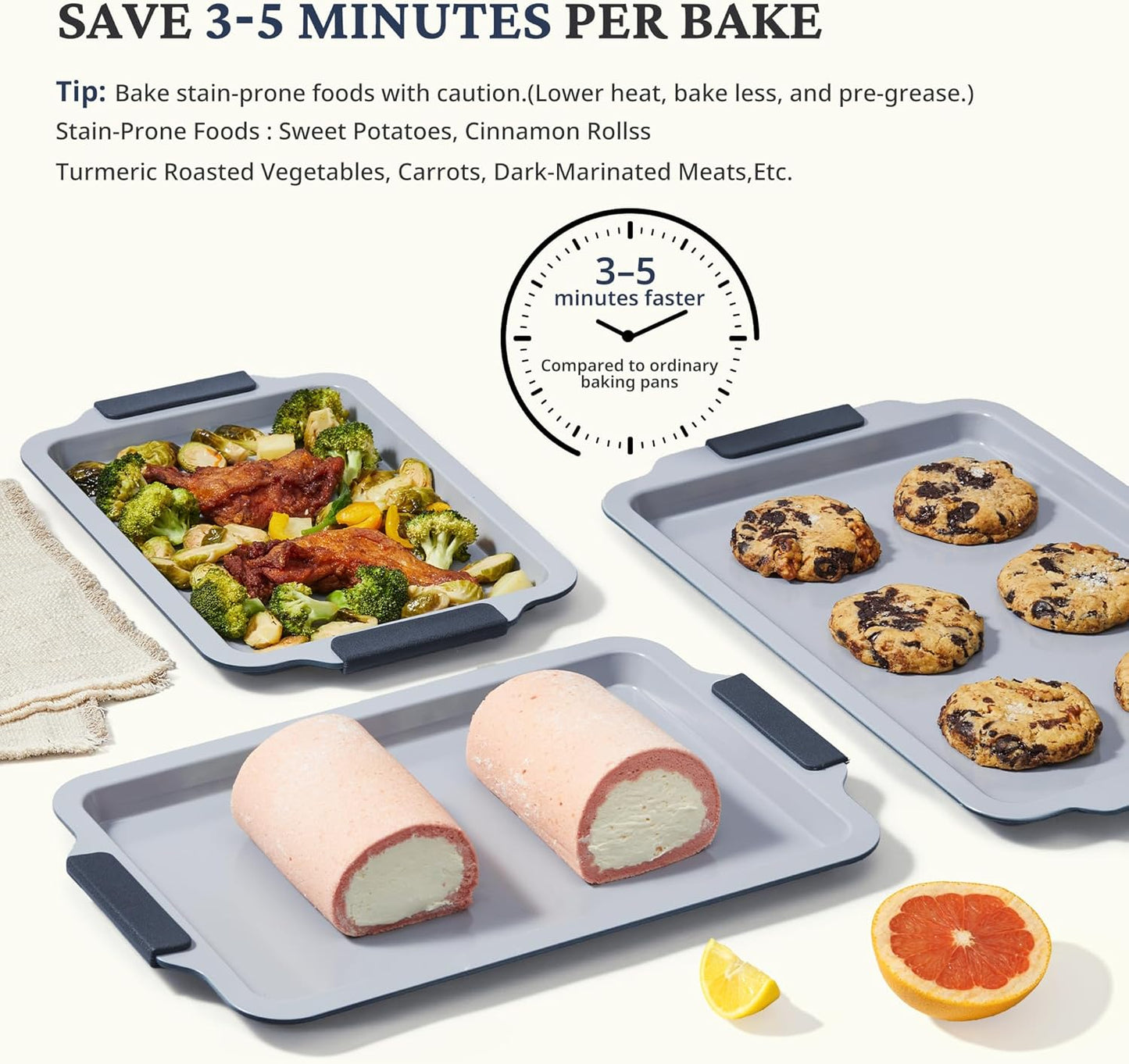 BRONYPRO Non Stick Ceramic Baking Sheet Pan Set of 3, Natural Non Toxic Cookie Sheets for Baking - PFOA, PTFE Free, Aluminized Steel Oven Trays for Cooking with Silicone Handles, Blue Gray