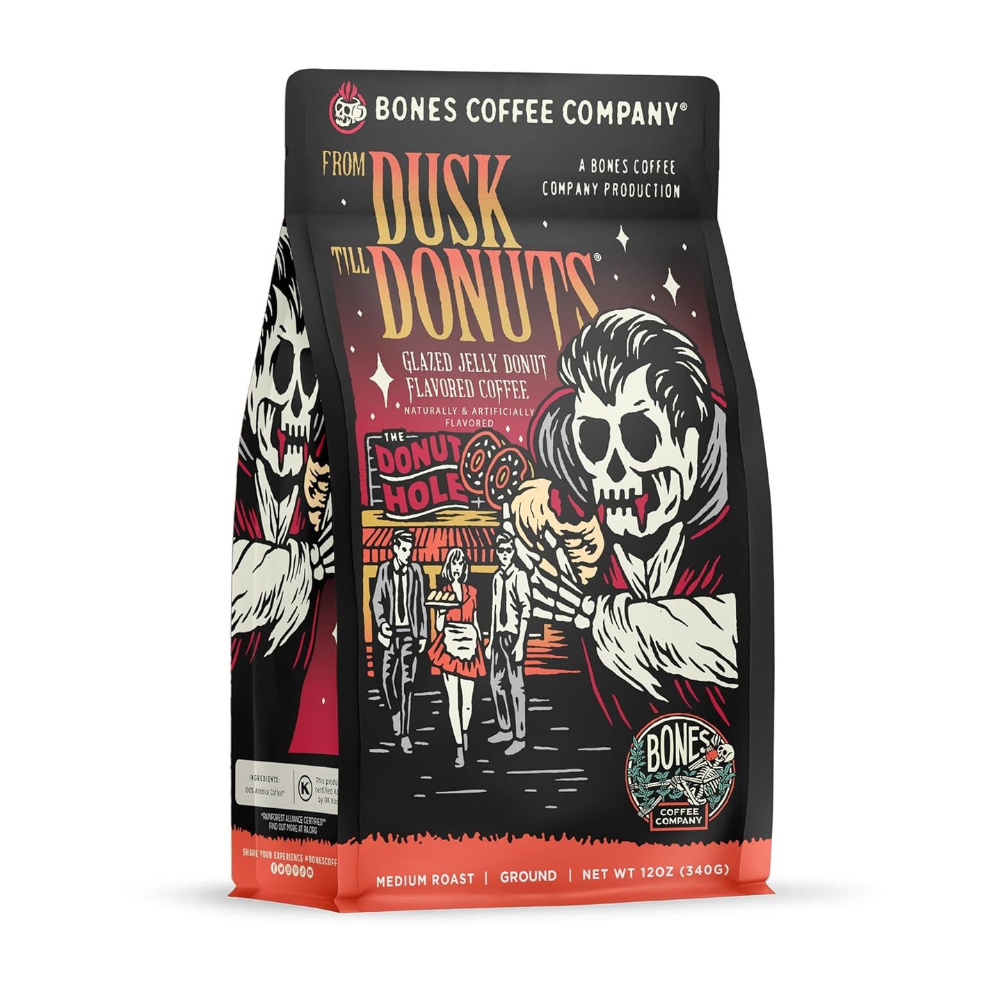 Bones Coffee Company From Dusk Till Donuts Jelly Donuts Flavored Coffee, Medium Roast Low Acid Arabica Beans Compatible with Auto drip and French Press Coffee Maker, 12 Oz Ground