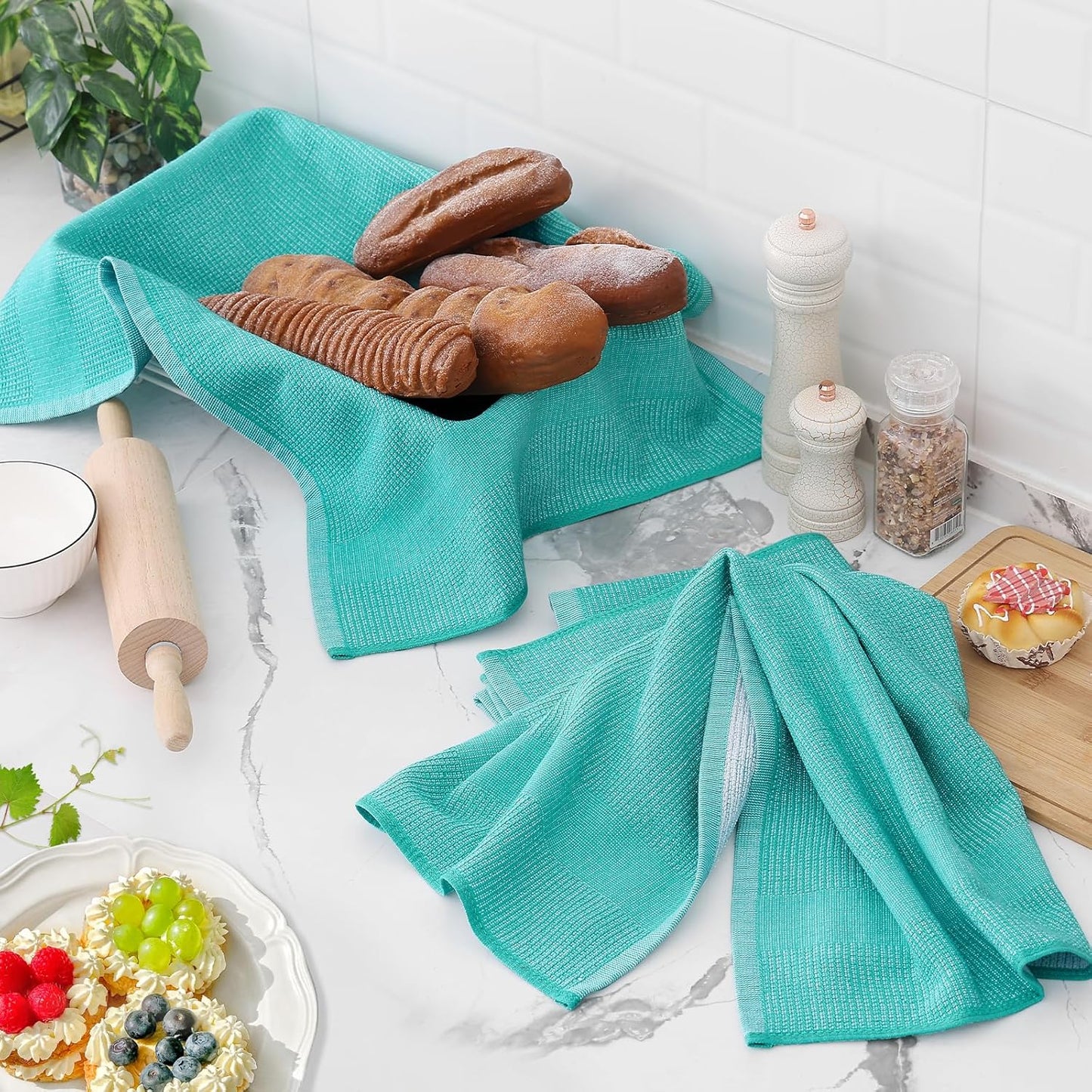 Homaxy Premium Kitchen Towels(18”x 28”, 6 Pack), Large Cotton Kitchen Hand Towels, Flat and Terry Dish Towels, 380 GSM Highly Absorbent Tea Towel Set with Hanging Loop, Teal