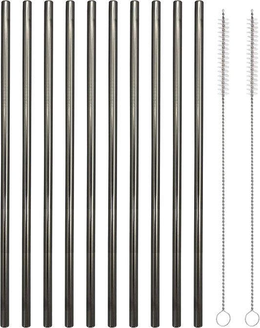 10 Pcs Stainless Steel Straws, Reusable Drinking Straws, Straight Metal Straw Sets with 2 Pcs Cleaning Brushes (8.5 Inch, Black)