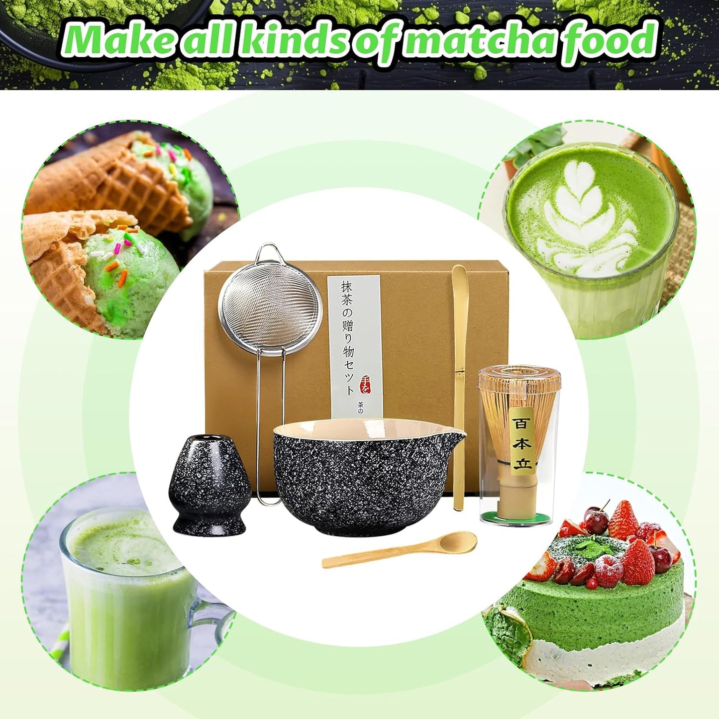 Matcha Set, 6 Pcs Matcha Whisk Set with 20 oz Bowl, Bamboo Whisk for Matcha Tea, Matcha Bowl, Ceramic Matcha whisk Holder, Stainless Sifter and Scoop - Gift for matcha kit Lovers（Black）