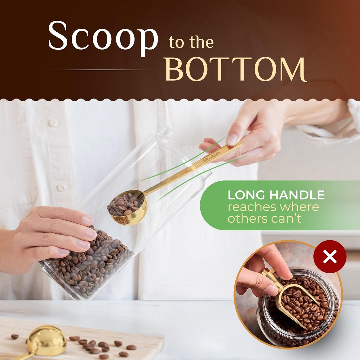 Orblue Premium Coffee Scoop Set - 1 Tbsp (15ml) & 2 Tbsp (30ml) Measuring Tablespoon - Stainless Steel Coffee Measuring Spoon and Scooper with Long Handles - Pack of 2 - Gold