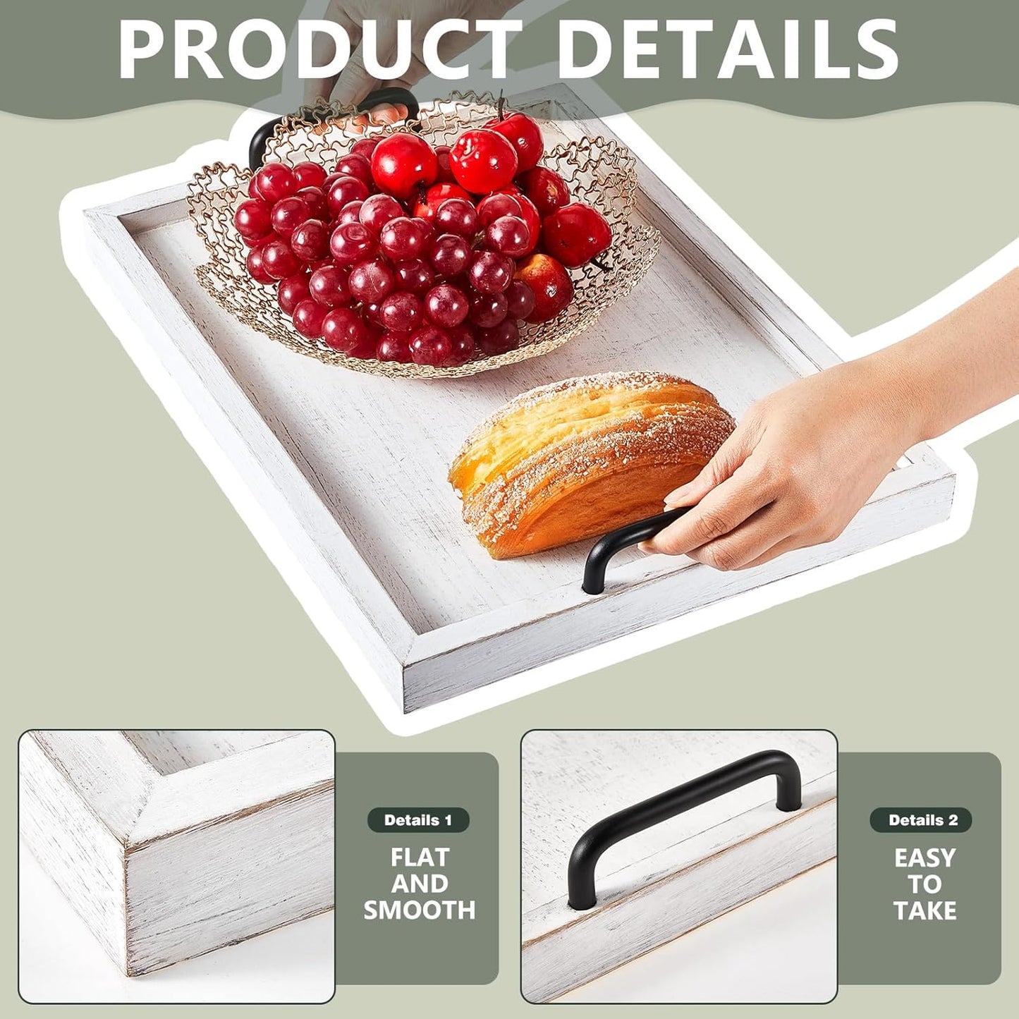 Lallisa 4 Pcs Large Wooden Serving Tray Decorative 15.8 x 11.8 x 1.2 Inch Ottomantray Rustic with Handles Coffee Table Decor Wood Tray Kitchen Platter for Party Tables Breakfast Wedding (White)