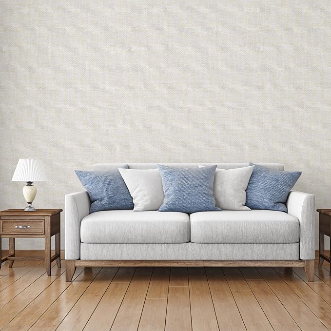 Yancorp 32.8ft Cream Textured Fabric Wallpaper Faux Grasscloth Beige Peel and - Image 6