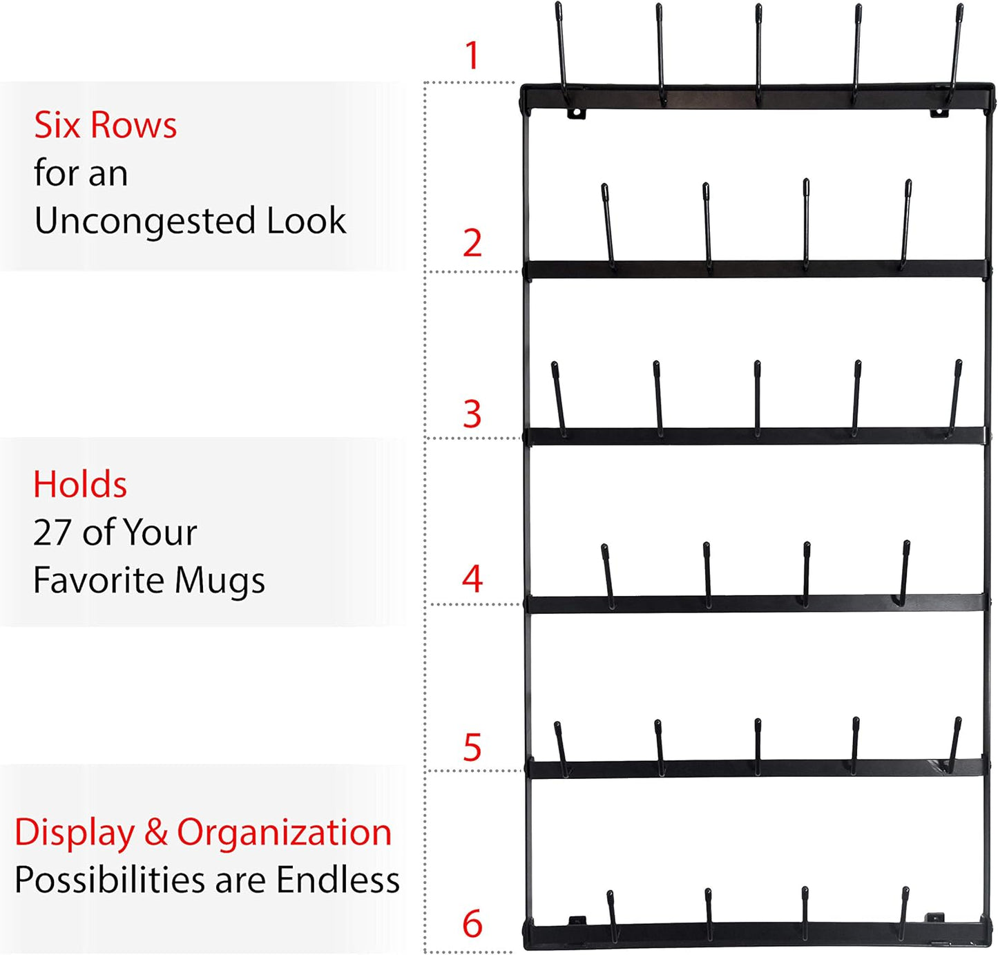 Wall Mounted Coffee Mug Rack - Large Rustic Black Iron Steel Kitchen Rack with 6 Rows - Storage for 27 Cups - Jar & Plate Holder - Vertical Display Organizer - Farmhouse Home Décor - Claimed Corner