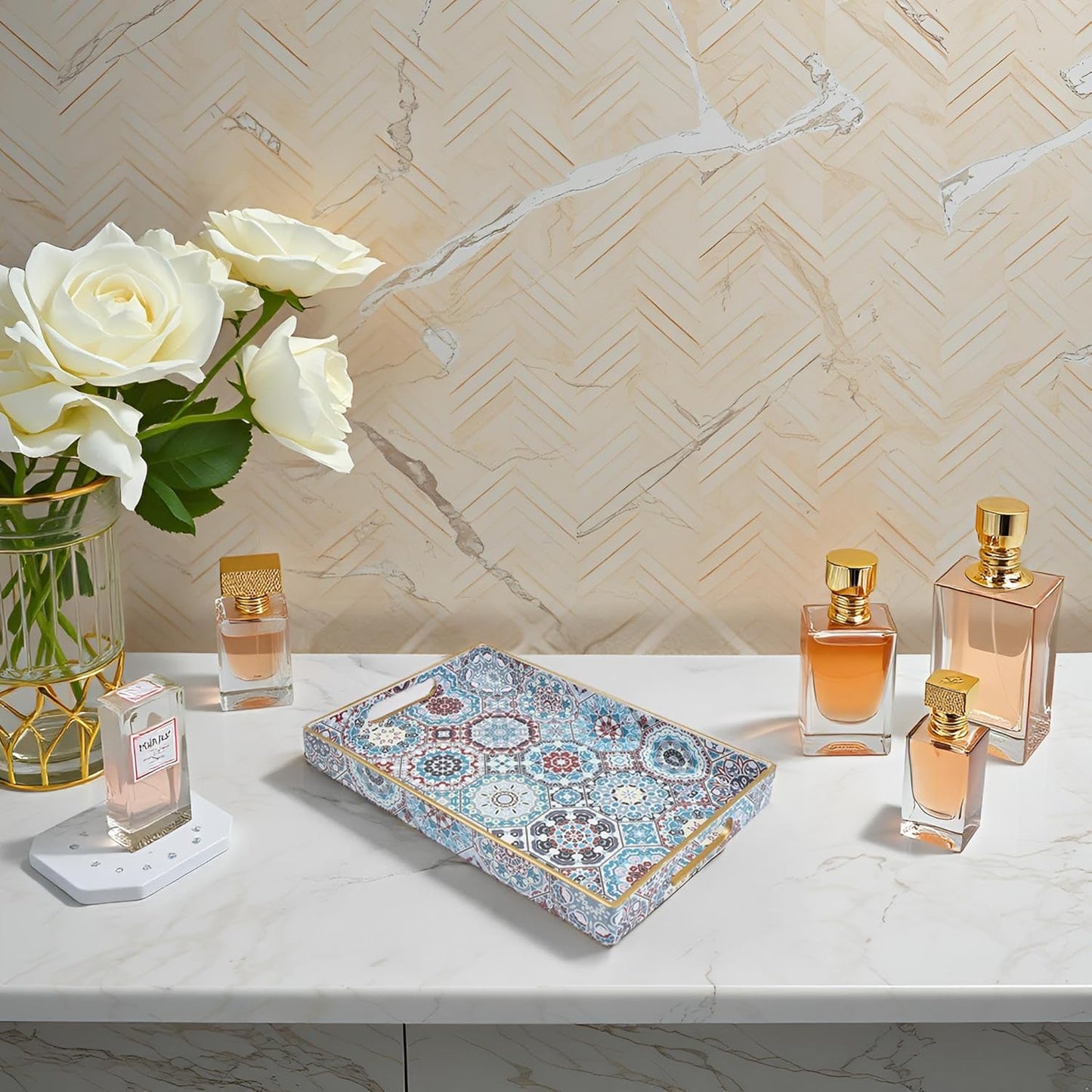 Spsyrine Bathroom Vanity Tray with Handles for Dresser Tops, Countertop, Perfume Decorative Tray, 11.8” * 7.87” *1.37” C2