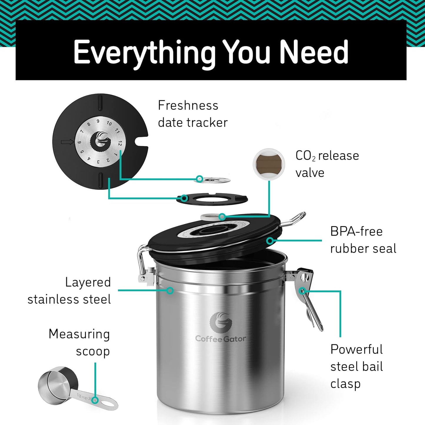 Coffee Gator Stainless Steel Canister - Medium 16oz, Gray Coffee Grounds and Beans Container with Date-Tracker, CO2-Release Valve, and Measuring Scoop - Ideal Coffee Lovers Gifts