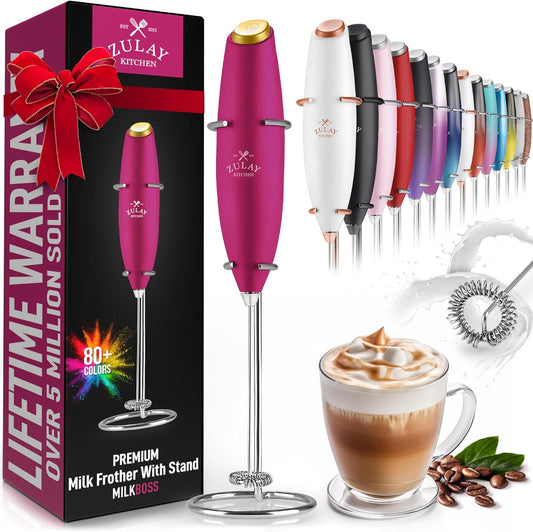 Zulay Kitchen Powerful Milk Frother Wand - Ultra Fast Handheld Drink Mixer - Electric Whisk Foam Maker for Coffee, Lattes, Cappuccino, Frappe, Matcha & Coffee Creamer - Hot Pink Gold