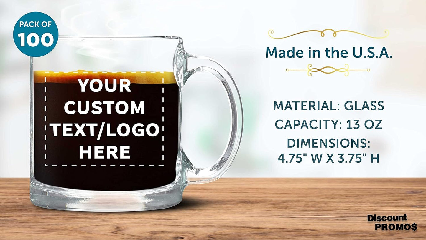 Custom Libbey Clear Glass Coffee Mugs 13 oz. Set of 100, Personalized Bulk Pack - Perfect for Coffee, Tea, Espresso, Hot Cocoa, Other Beverages - Clear Bottom