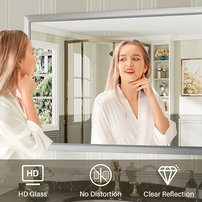 55x36 Inch Brushed Silver Bathroom Mirror - Image 4