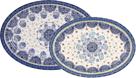 Bico Blue Talavera 16 plus 14 inch Oval Platters Set, Set of 2, Microwave and Dishwasher Safe, for Serving Fish, Chicken, Turkey