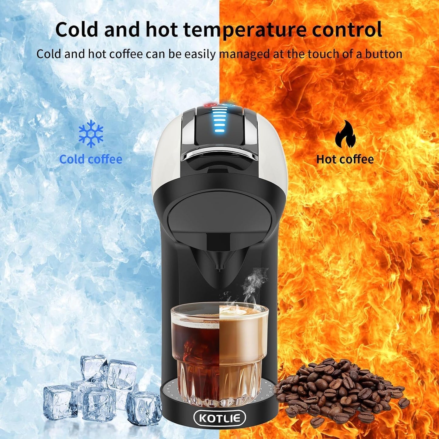 KOTLIE 5in1 19Bar Multicapsule Espresso Coffee Machine, Cold&Hot Brewing Single-Serve Coffee Maker, Cappuccino&Latte Maker for Kcup/Dolce Gusto/Nespresso Original/GroundCoffee/44mm ESE EM-308A (White)