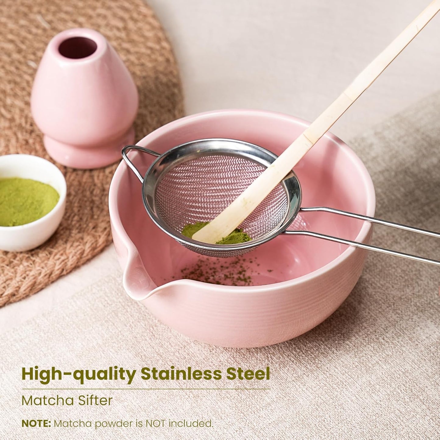 Matcha Whisk Set, Handcrafted Bamboo Chasen & Ceramic Bowl Matcha Kit, Complete 5 Pcs Matcha Set Whisk and Bowl W/Stainless Steel Sifter, Bamboo Scoop & Holder for Matcha Tea Ceremony (Sakura Pink)