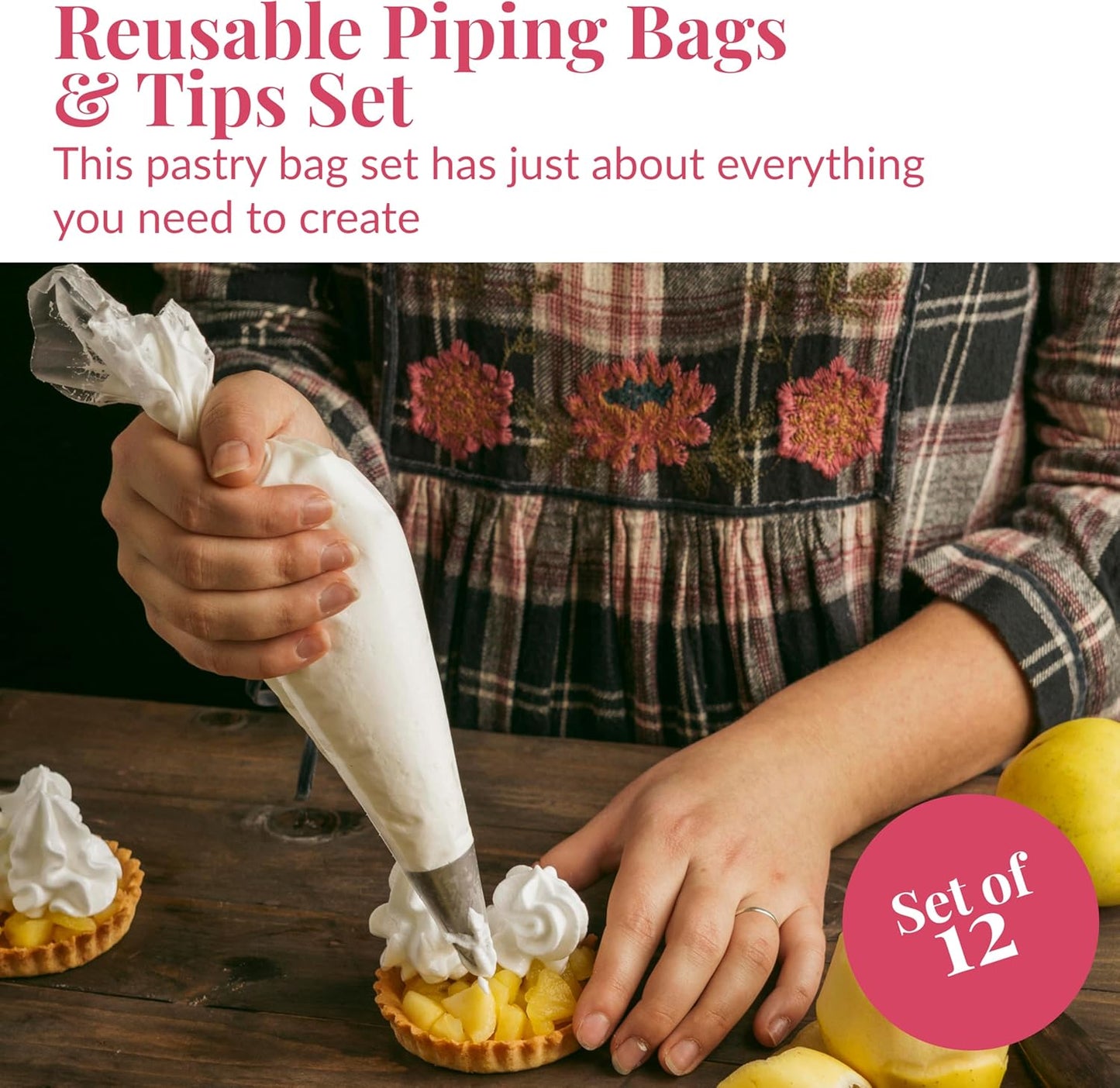 Prestee Reusable Piping Bags and Tips Set - 5 TPU 12-Inch Piping Bags with 5 Metal Icing Tips and 2 Couplers - Flexible and Durable Frosting Piping Kit for Cake Cupcake Cookie Decorating - Transparent