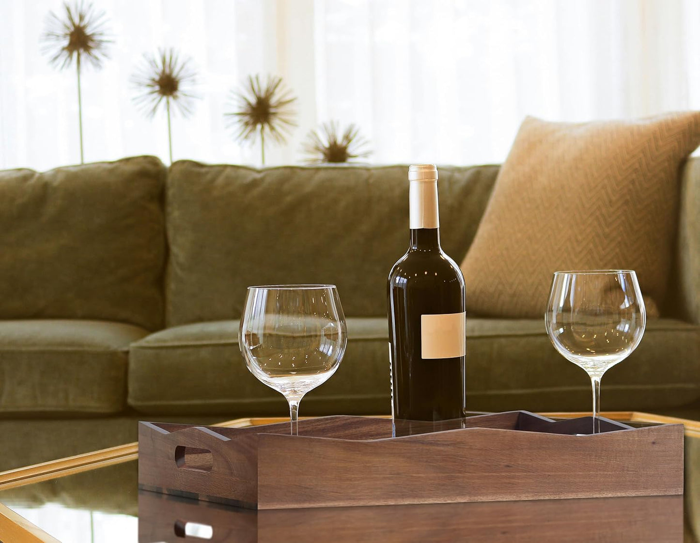 Acacia Wood Serving Tray with Handles,16.5x12.6inch Perfect for Breakfast, Lunch, Dinner, Food Snacks Drinks for Coffee Table,Decorative Ottoman Tray for Living Room Kitchen, Bedroom