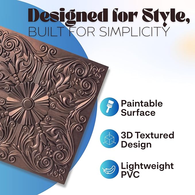 Art3d 12-Pack PVC Drop Ceiling Tiles, 2ft x 2ft, Floral Rose Copper - Image 3