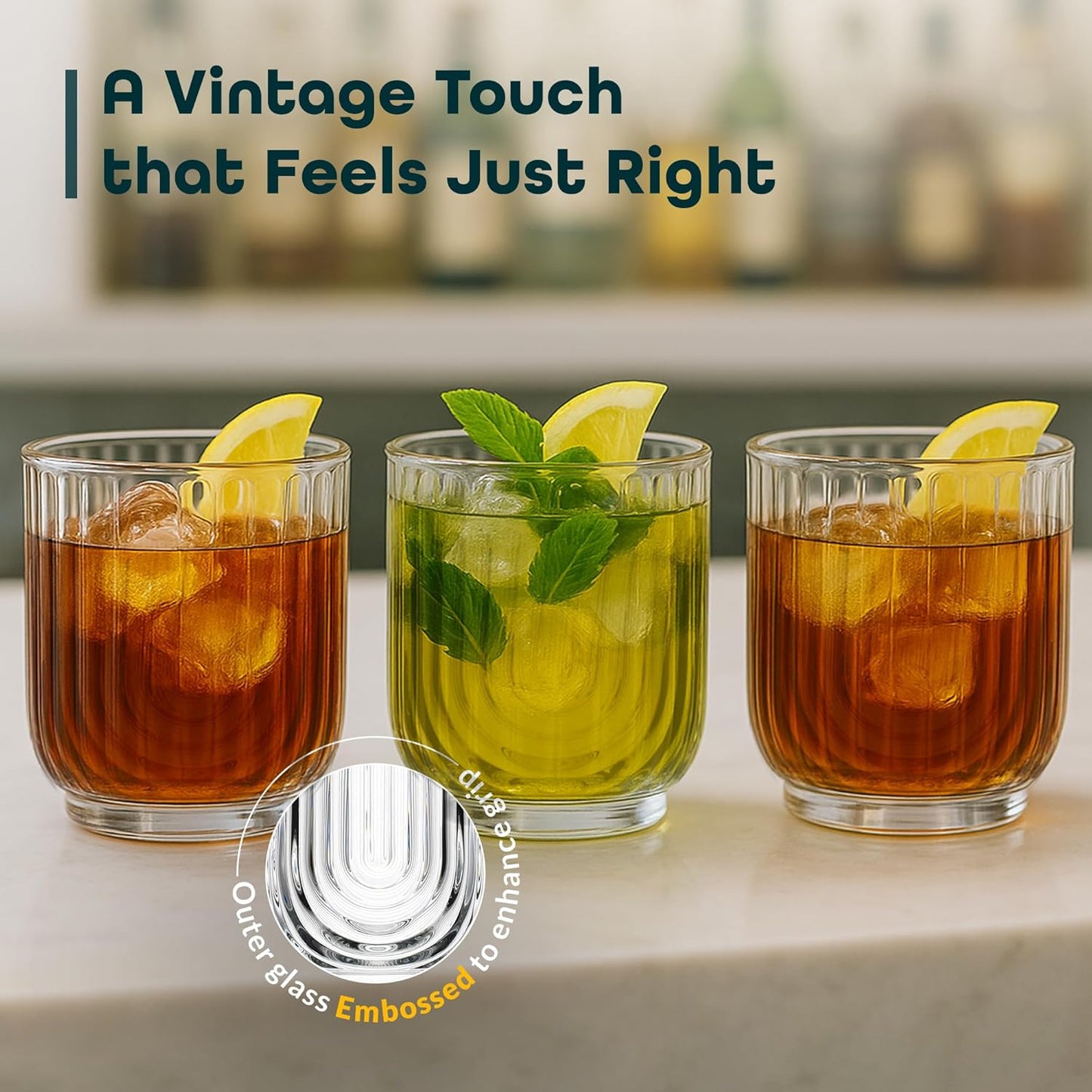 Glaver's Whiskey Glasses 11oz. Set of 4 Old Fashioned Bourbon Glasses. Ribbed Cocktail Arch Design Art Deco Bar Glassware for Whisky, Cocktails, Juice and Chilled Beverages.