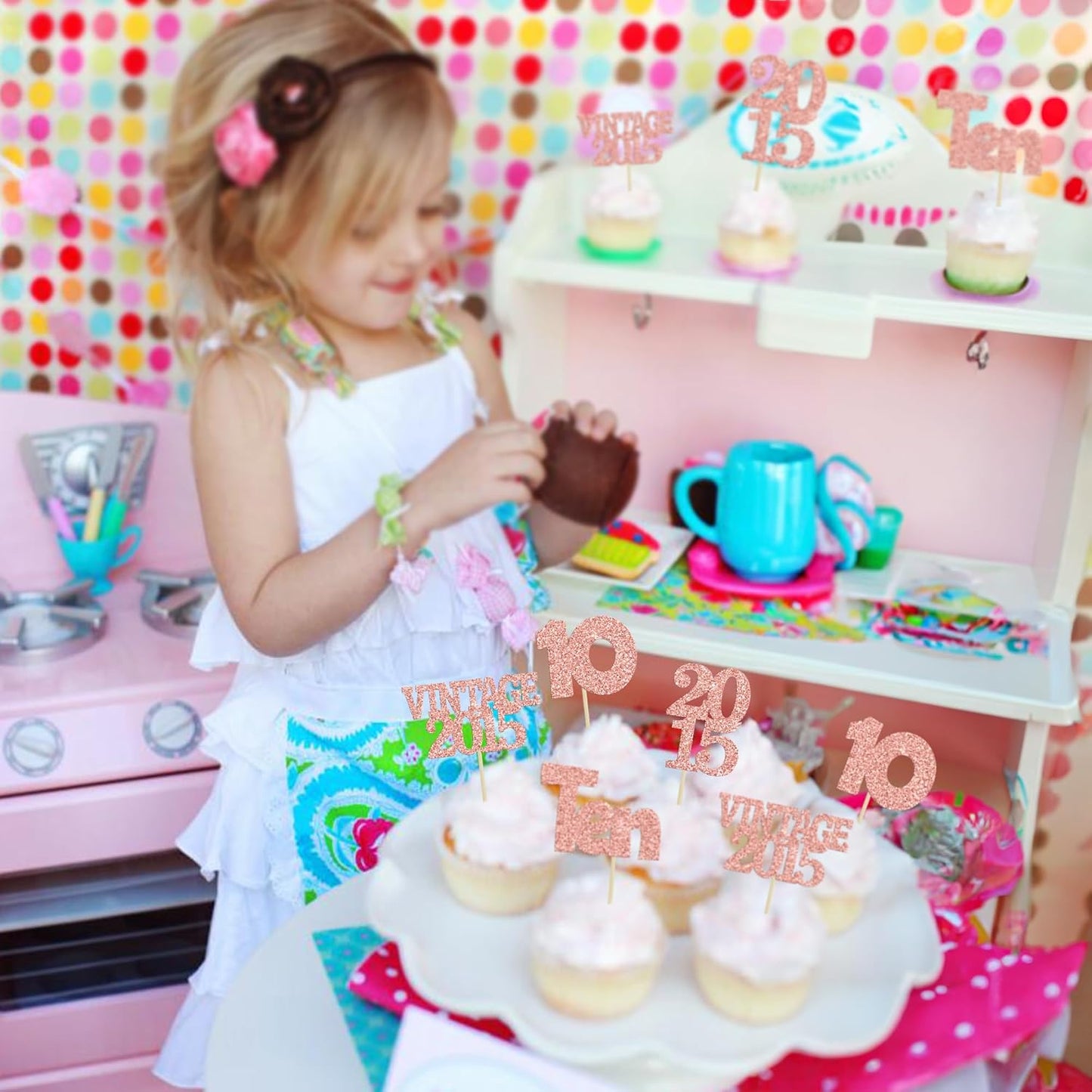 Gyufise 24Pcs 10th Birthday Cupcake Toppers Glitter Ten Vintage 2015 Hello 10 Years Birthday 10 Cupcake Picks Double Digits Cake Decoration for Happy 10th Anniversary Party Supplies Rose Gold