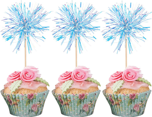 30 PCS Foil Firework Cupcake Toppers Happy Birthday Cupcake Toppers Sparkle Tinsel Flower Drink Stirrers Cocktail Fruit Toothpicks for Valentine's Day Baby Shower Party Cake Decor Supplies Blue