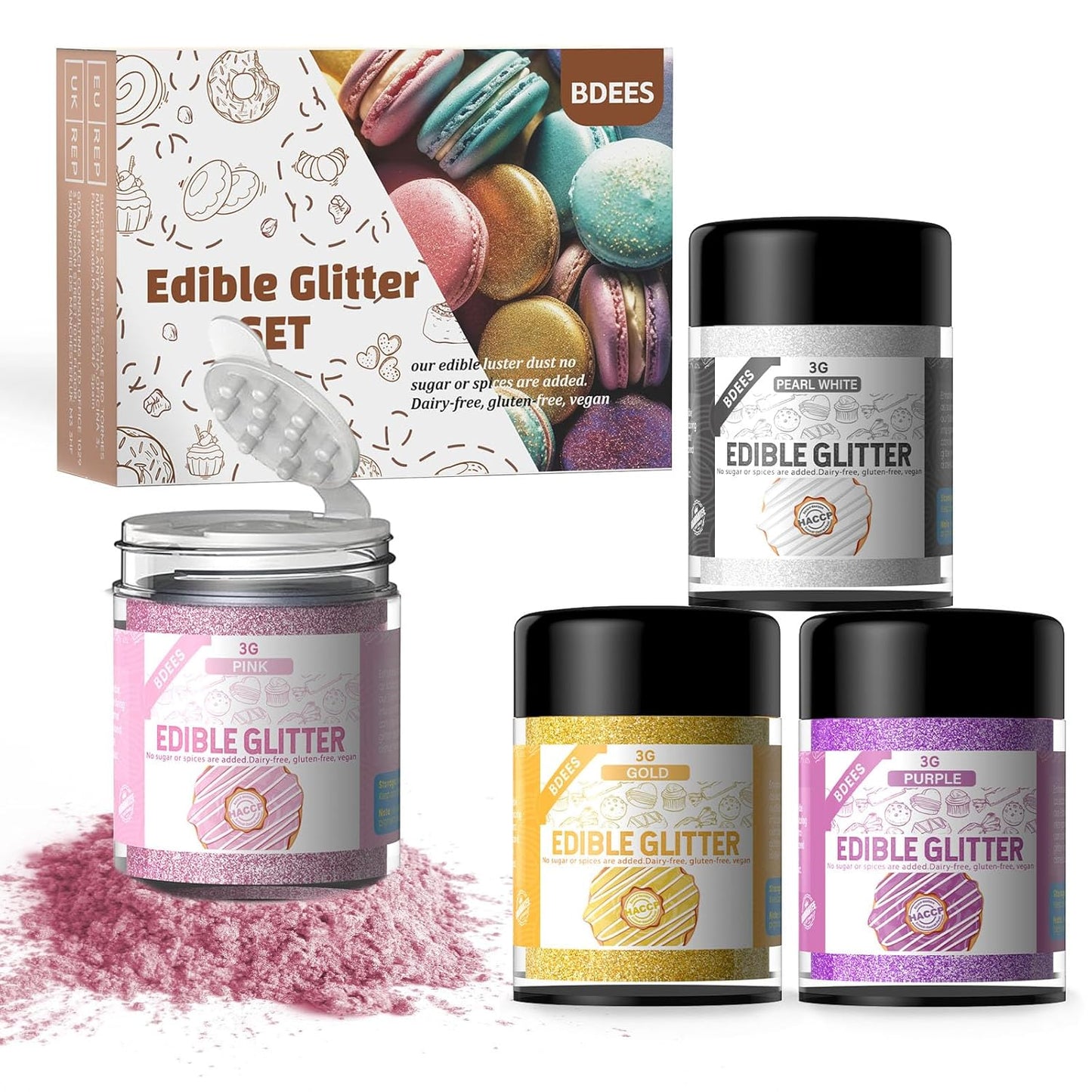 Edible Glitter Set - 4 Colors Food Grade Edible Drink Glitter for Cake Strawberries Drink Dust Shimmering, Vegan Food Coloring Sprinkle for Chocolates, Fondant Pops (3g per Bottle)
