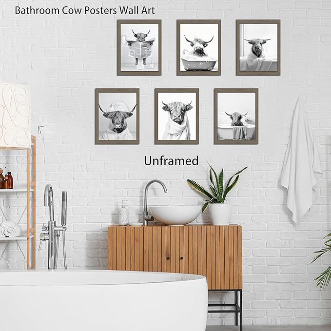 SEHSUVC Funny Bathroom Cow Posters Wall Art Set of 9, Vintage Black and White - Image 7