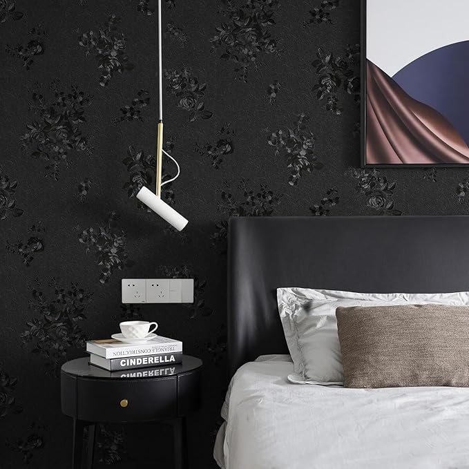 Black Peel and Stick Wallpaper Silk Embossed Floral Contact Paper - Image 5