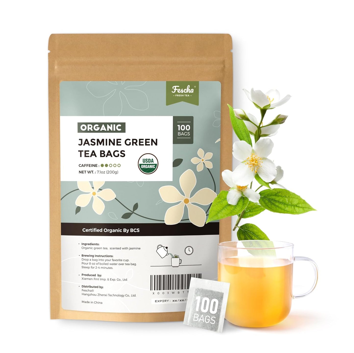 Fescha Organic Jasmine Green Tea Bags Flower-scented Tea (100-count), Eco-Conscious Tea Bags, Packed by Resealable Kraft Bag