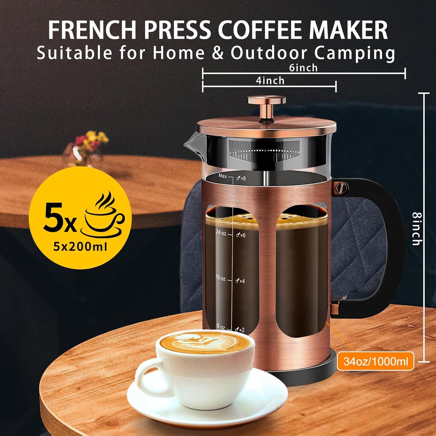 French Press Coffee Maker (34oz 1Quart 5-6Cup) Coffee Press, with 4 Filters System, Heat Resistant Thickness Borosilicate Glass, Cold Brew Coffee Tea Pot Gifts (Copper)