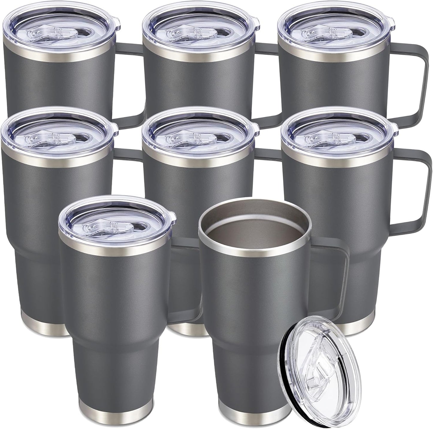 30 oz Tumbler with Handle and Lid, Stainless Steel Tumblers Bulk Double Wall Vacuum Insulated Travel Mug Leak Proof Cup Keep Drinks Cold and Hot Grey, 8 Pack