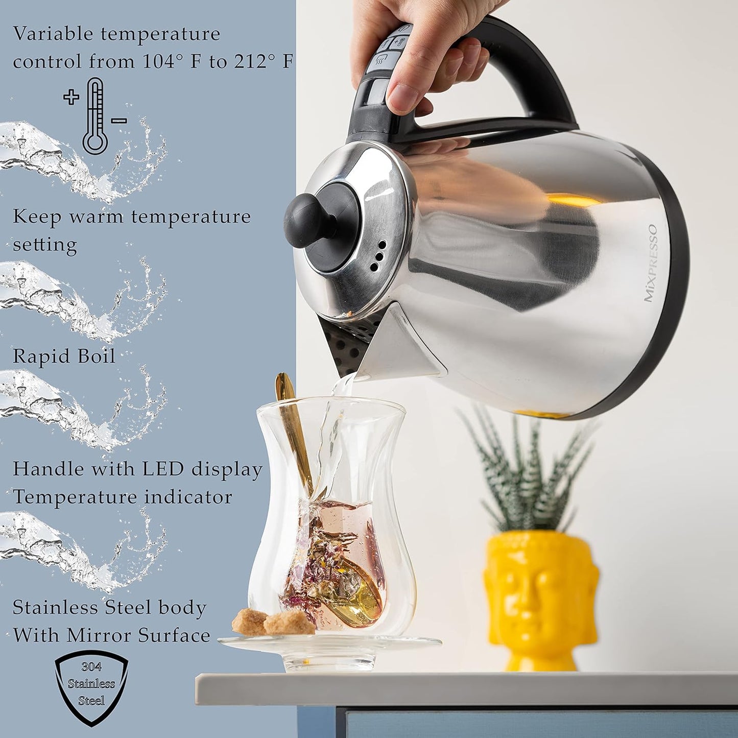 Mixpresso Electric Kettle Temperature Control, Hot Water Kettle Electric, Cordless 1 Liter Capacity, Keep Warm & LED Indicator, Auto-Shutoff, Boil-Dry Protection, Stainless Steel Electric Kettle