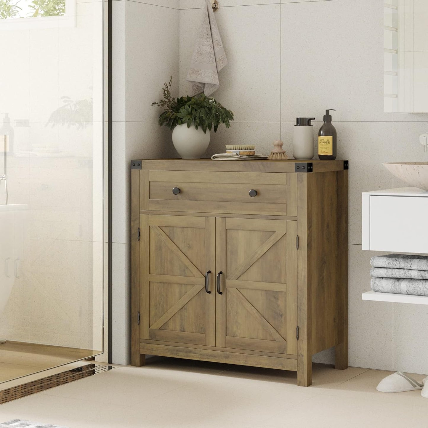 HOSTACK Coffee Bar Cabinet, Kitchen Storage Cabinet, Modern Farmhouse Buffet Sideboard with Drawer and Adjustable Shelf, Barn Door Accent Cabinets for Kitchen, Dining Room, Entryway,Rustic Brown