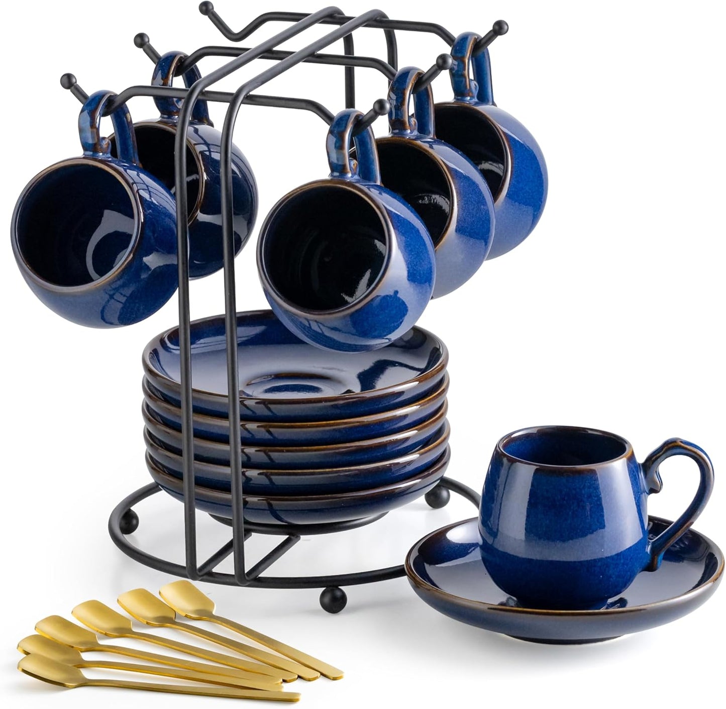 LYEOBOH 3 Ounce Espresso Cups Set of 6, Ceramic Small Coffee Cups with Saucers, Cute Demitasse Cups and Metal Stand with Spoons for Great Gift, Mini Cafe Cup for Espresso, Mocha, Tea - Cobalt Blue