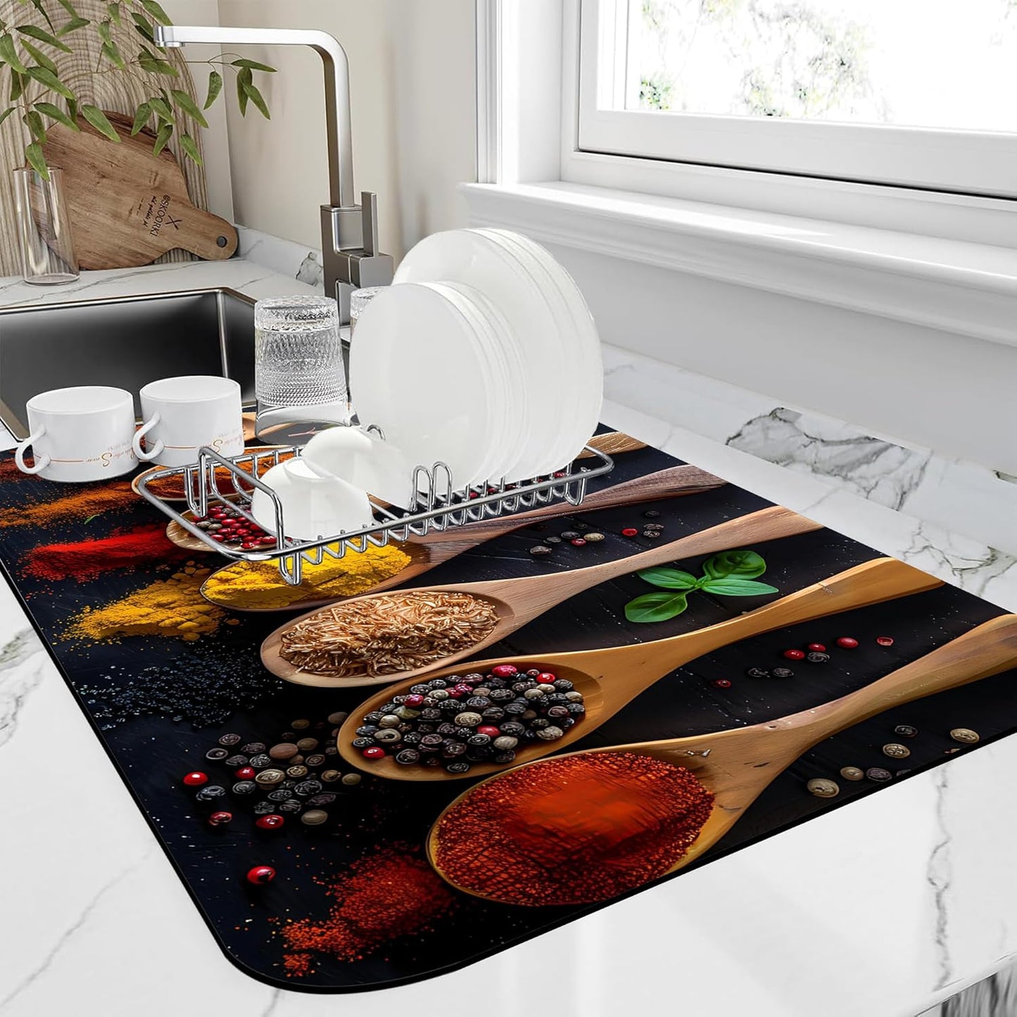 Dish Drying Mat Colorful Spices Herbs Kitchen Mat 16"x24" Bsorbent Coffee Maker Mat for Dishes,Utensils Coffee Maker Pots and Pans Easy Clean Dish Slip Resistant Pad