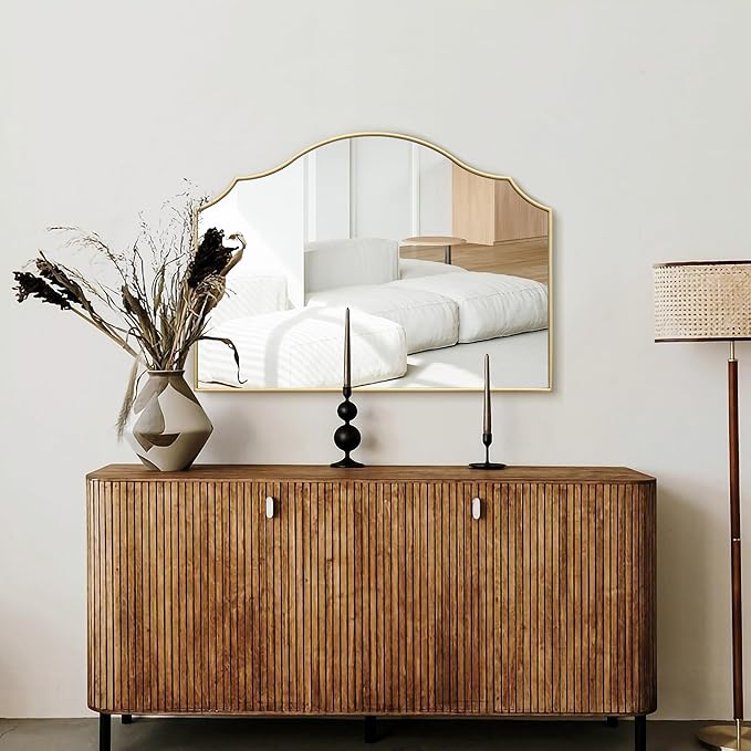Besdomus Gold Scalloped Mirror for Dresser: 35"x26" Modern Wooden Mantel Mirror - Image 8