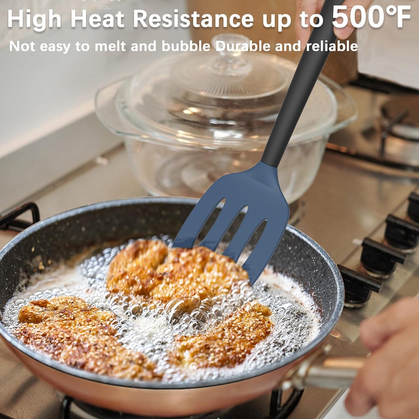 Coukre 2 Pack Silicone Spatula Set, High Heat Resistant, BPA Free Kitchen Spatula, Solid & Slotted Turner for Non-Stick Pans, Sautéing, and Flipping (2, DarkBlue)