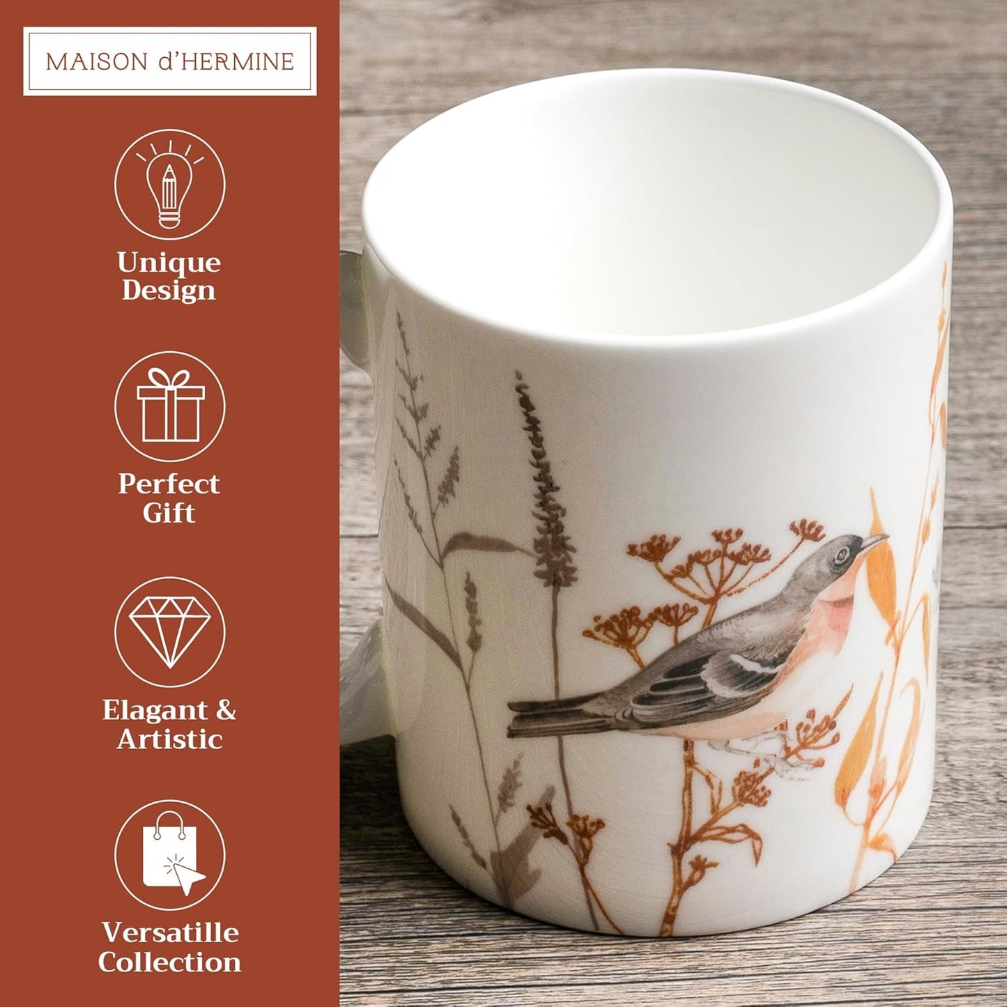 Maison d' Hermine Coffee Mug with Handles Fine Bone China Mugs Pack of One Tea Cups for Hot Beverages Cappuccino Latte Home Office Perfect for Gift (Meadow Florals Beige - Meadow Sunrise, 12 Ounce)